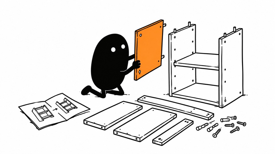 Lev assembles flat-pack shelving, parts laid out in order, holding the next orange piece.